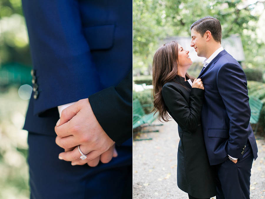 Julia and Michael pose in Gramercy Park for their NYC engagement photos by NYC engagement photographer Amy Rizzuto of Amy Rizzuto Photography