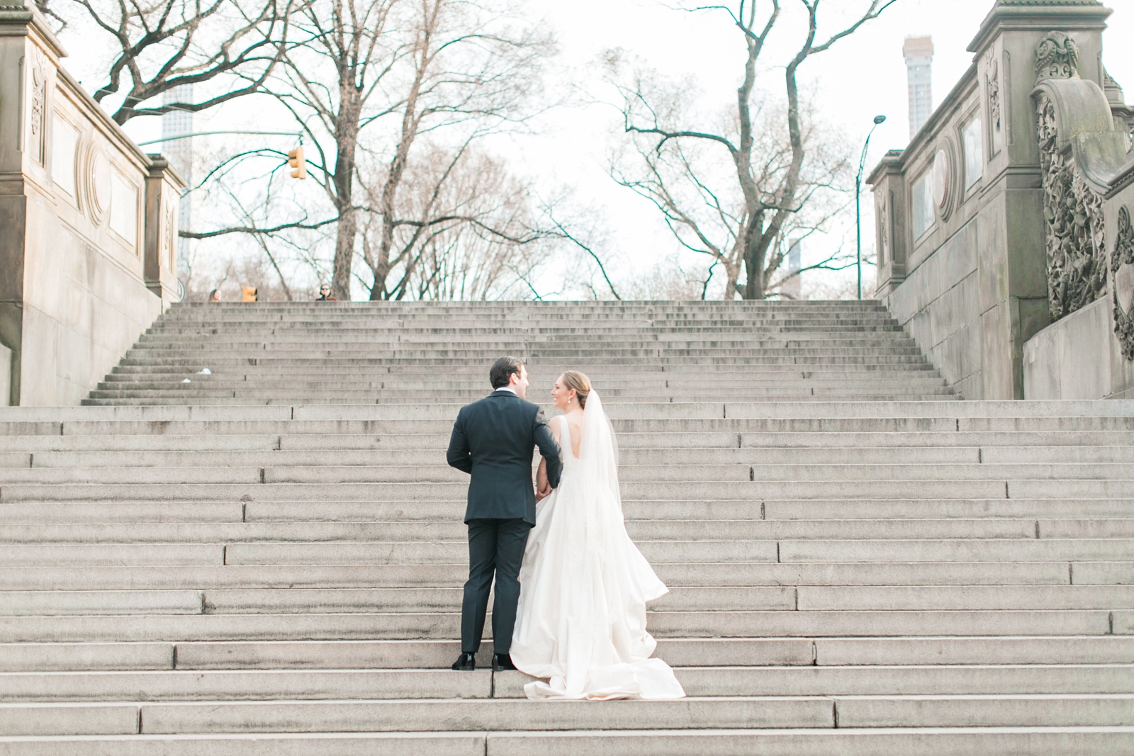 Central Park wedding photo in front of Bethesda Terrace stairs