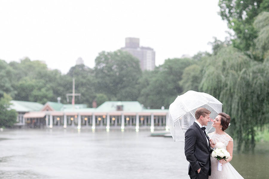 Loeb Boathouse Central Park wedding photo in the rain captured by NYC wedding photographer Amy Rizzuto Photography