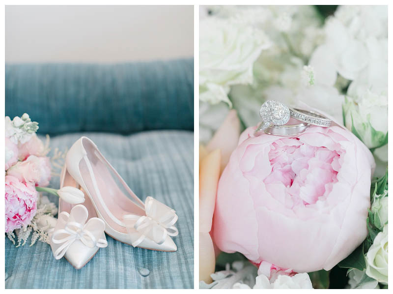 Kate Spade bridal shoes with bow and pink peonies in bridal bouquet