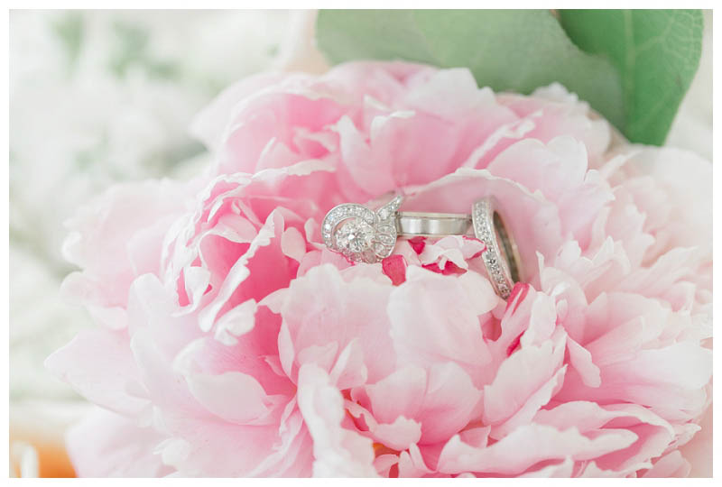 wedding ring engagement ring in pink peony on wedding day