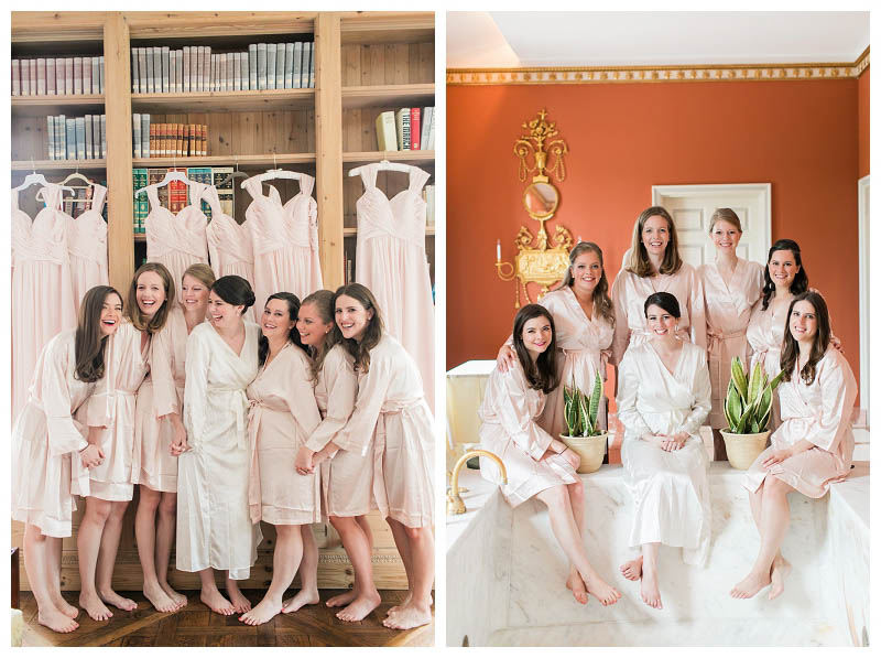 bridesmaids in light pink robes with light pink dresses