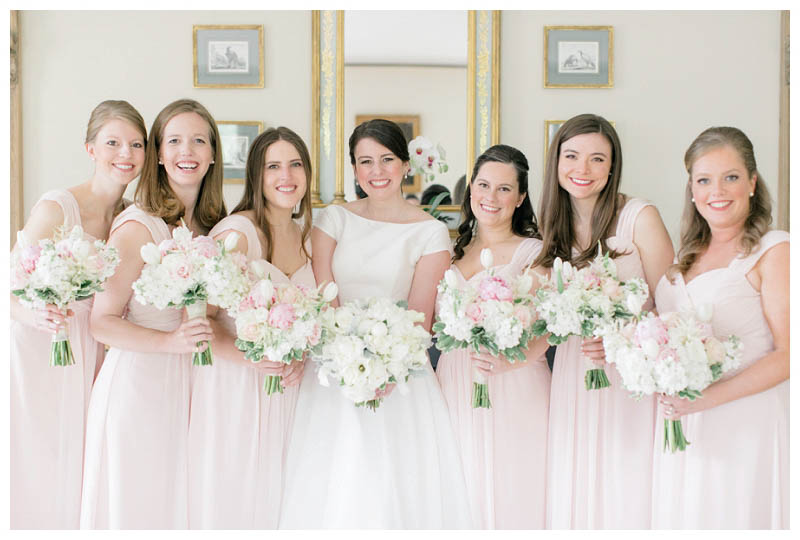 Classic bride and light pink bridesmaids dresses at Jasna Polana wedding captured by best Princeton wedding photographer Amy Rizzuto Photography