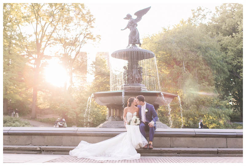 Sunset wedding photo at Bethesda Fountain in Central Park captured by best NYC wedding photographer Amy Rizzuto Photography