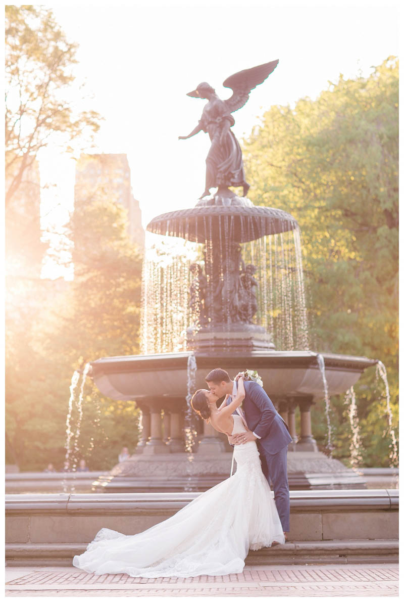 Sunset wedding photo at Bethesda Fountain in Central Park captured by best NYC wedding photographer Amy Rizzuto Photography