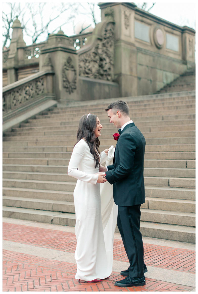 Winter Central Park Boathouse wedding in NYC bride and groom first look bethesda steps