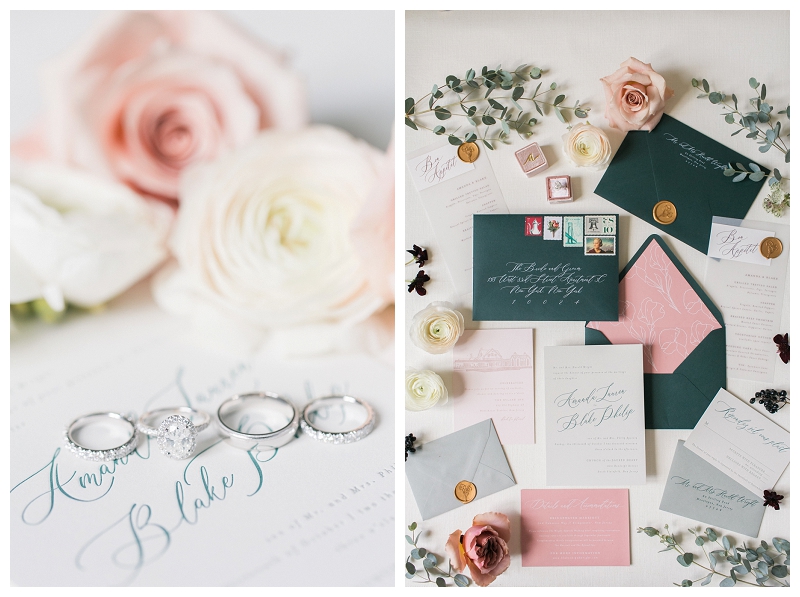 whimsical wedding details blush and green wedding invitations