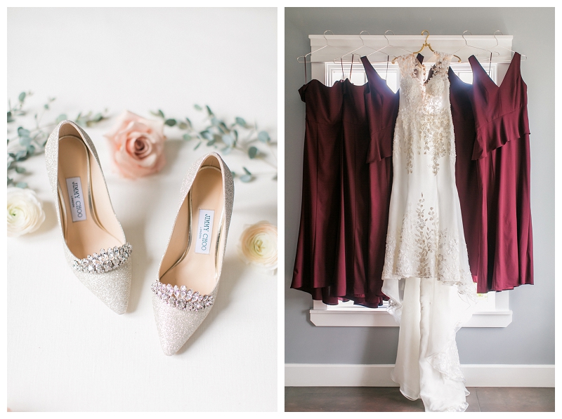burgundy amsale bridesmaid dresses and jimmy choo wedding shoes
