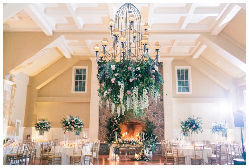 stunning ryland inn wedding reception with floral chandeliers