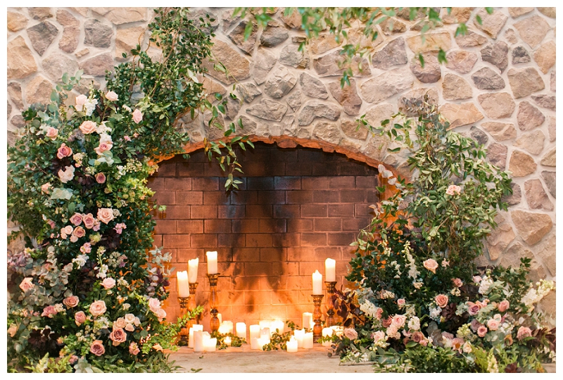 floral fireplace at ryland inn wedding