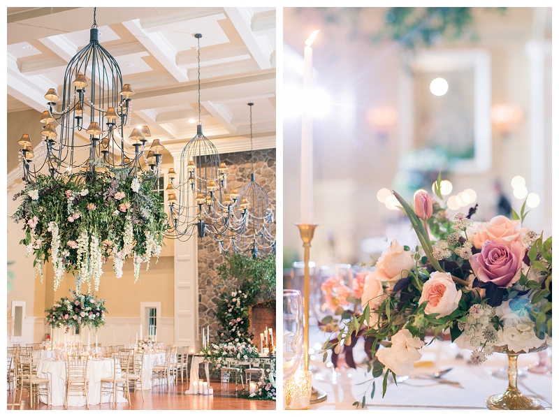 floral chandeliers by twisted willow flowers at ryland inn wedding
