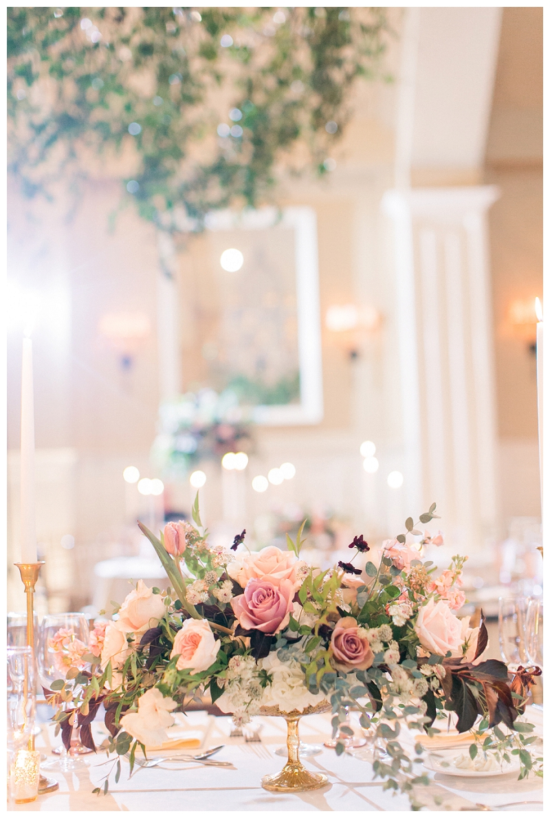 blush dusty rose burgundy and greenery centerpiece by twisted willow flowers at ryland inn wedding