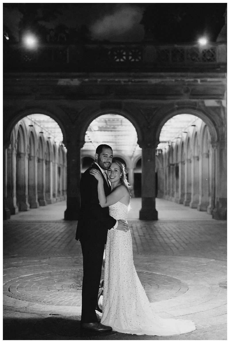 black and white wedding photo in central park at night