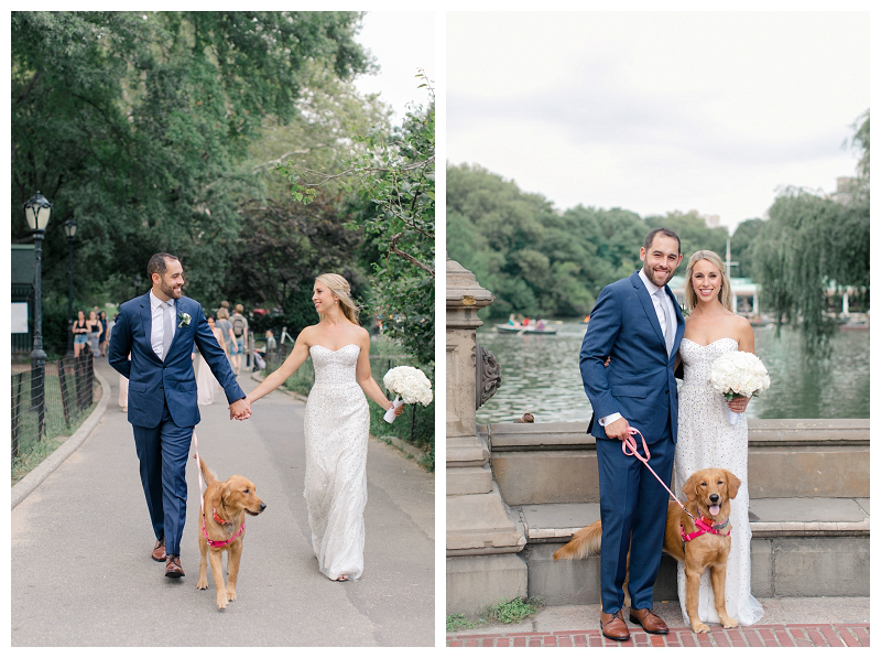 bride and groom in central park with dog