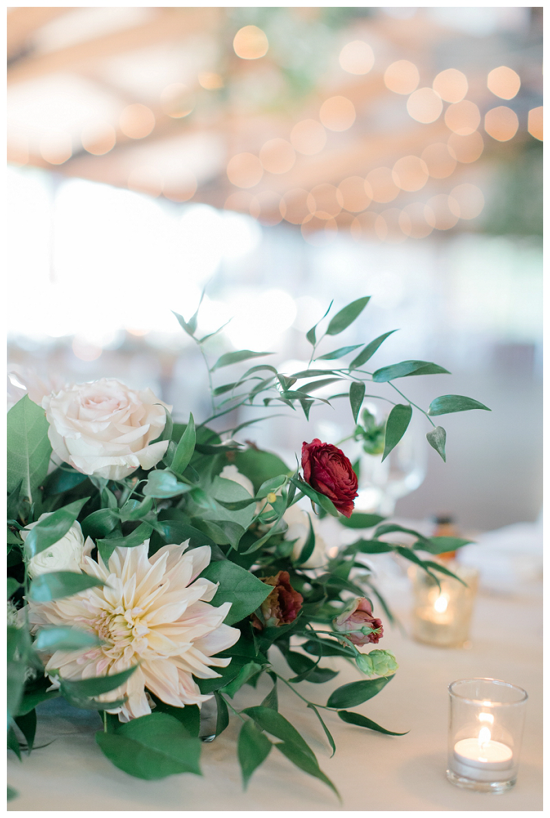 greenery with red blush and white flowers wedding centerpiece