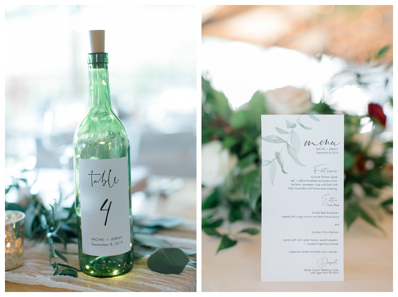 wine bottle table numbers and custom wedding menu