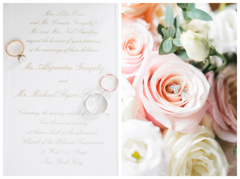 White gold and pink wedding details luxury NYC wedding invitation white and pink wedding flowers