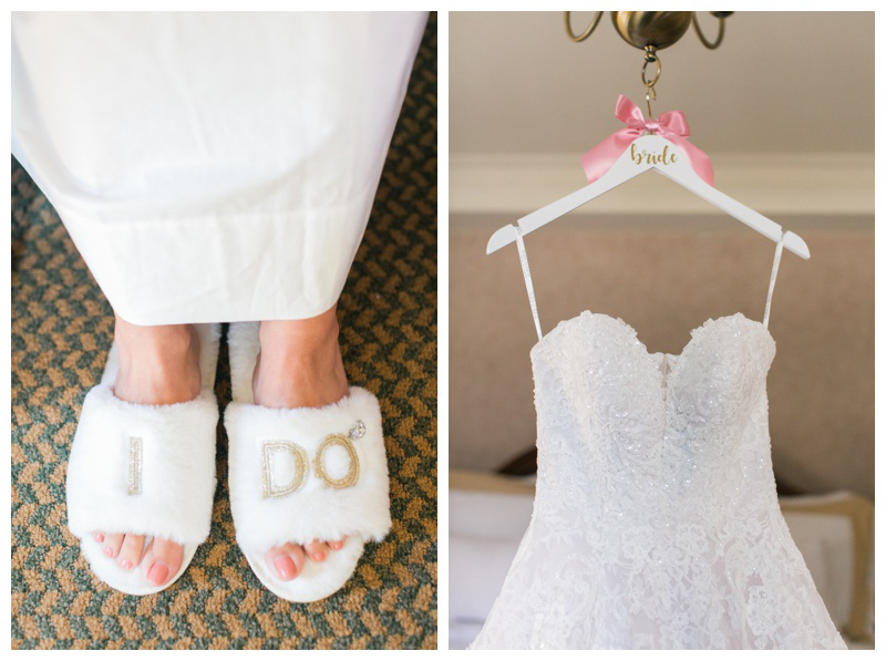 I Do slippers for bride and winter wedding dress on bride hanger
