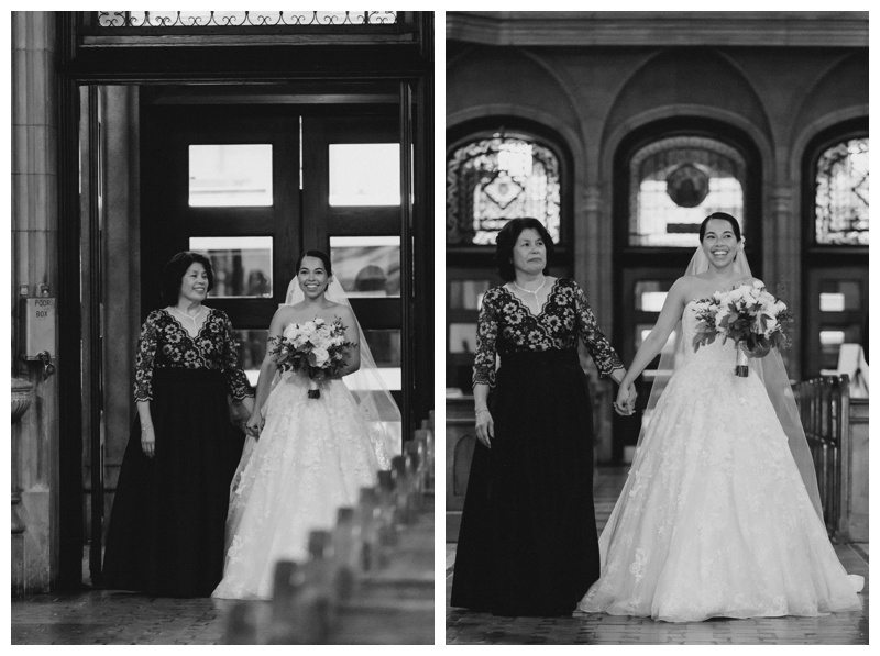 mother of the bride walks bride down aisle at nyc church wedding ceremony
