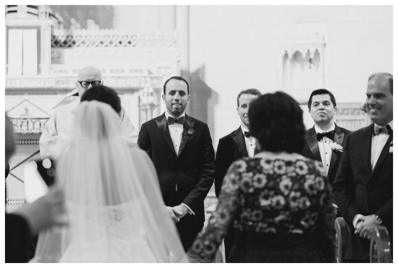 black and white groom sees bride at wedding ceremony in nyc