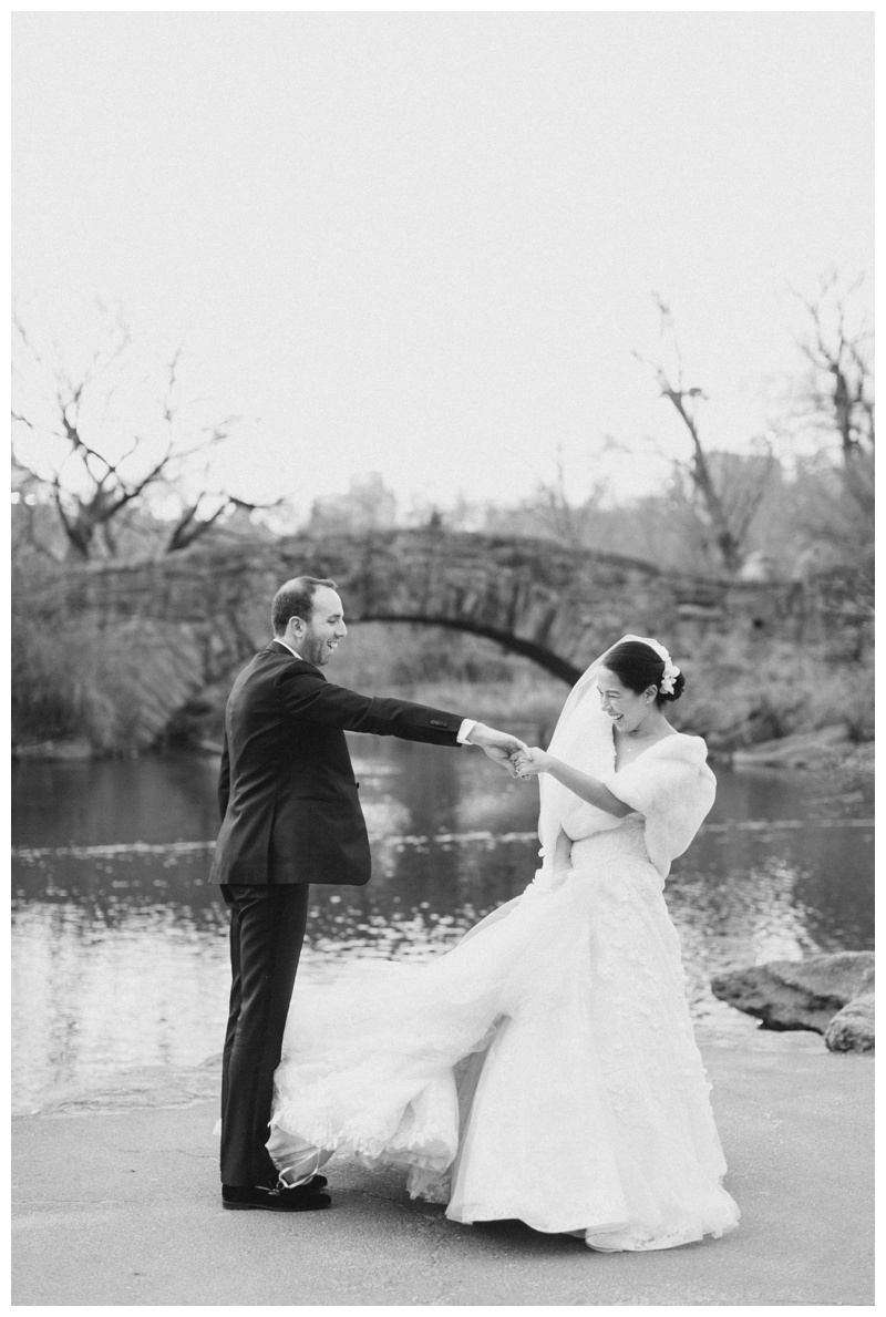 joyful central park wedding photo black and white