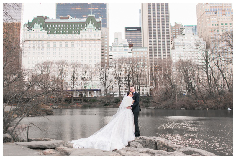 bride and groom in central park during winter wedding in nyc
