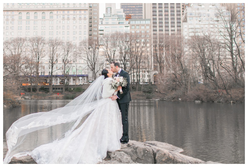 bride and groom in central park during winter wedding in nyc