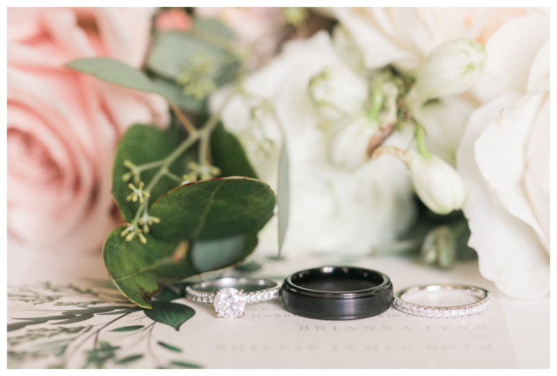 Bride and groom rings on wedding invitation