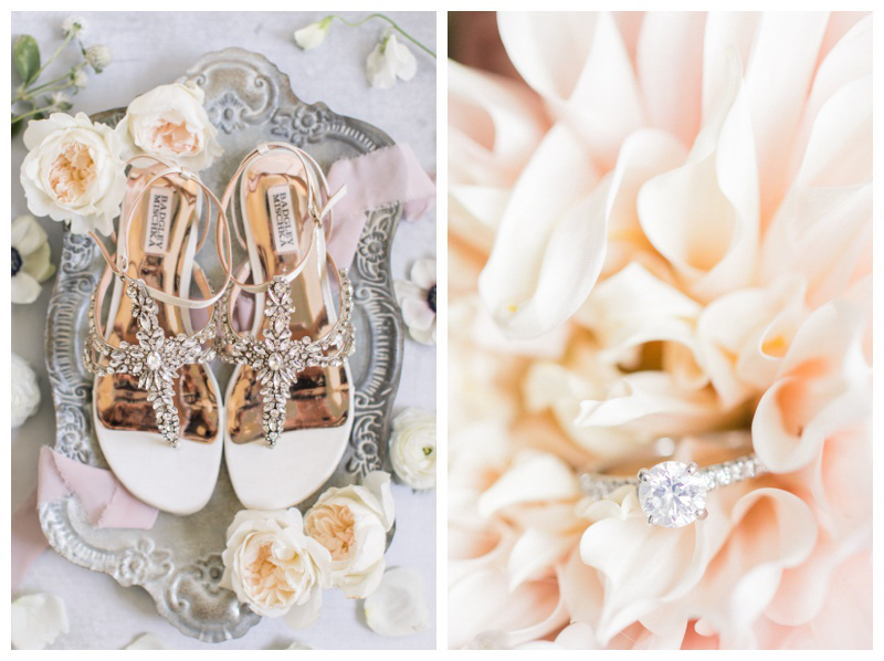 Badgley Mischka wedding sandals and engagement ring on blush flower