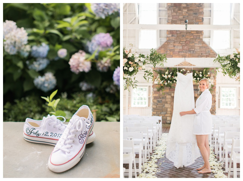 Bride's wedding day sneakers with wedding date and bride with wedding dress during getting ready photos