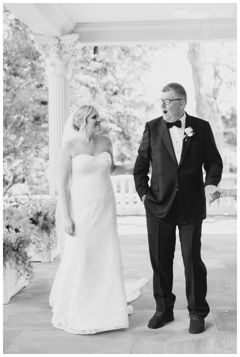 father daughter first look in black and white wedding photo