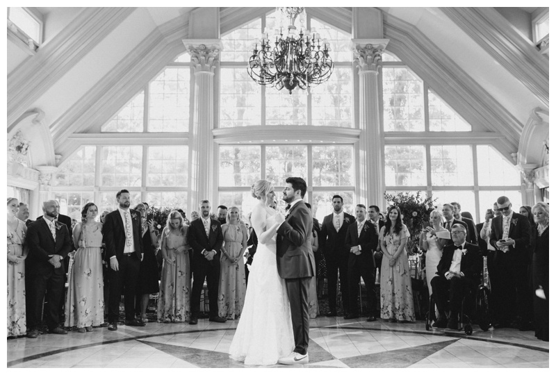Bride and groom first dance black and white photo at Ashford Estate wedding