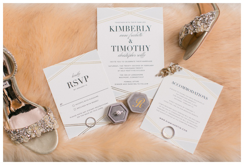 Gold and grey wedding details with gold and white wedding invitation suite